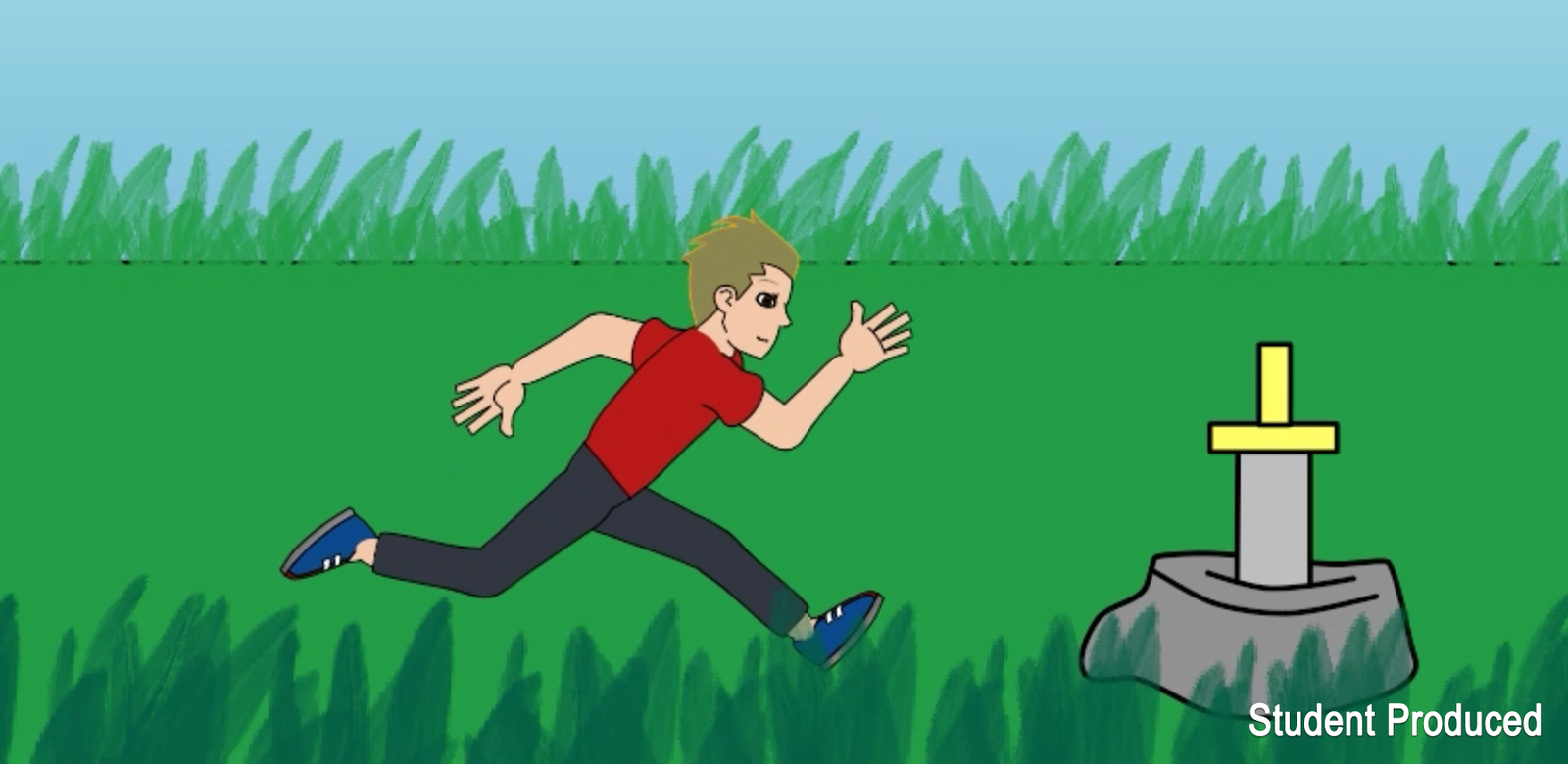 A character running towards a sword in a stone