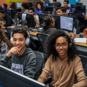Students in a classroom working on animation. One black student smiling at the camera while another is looking at a screen