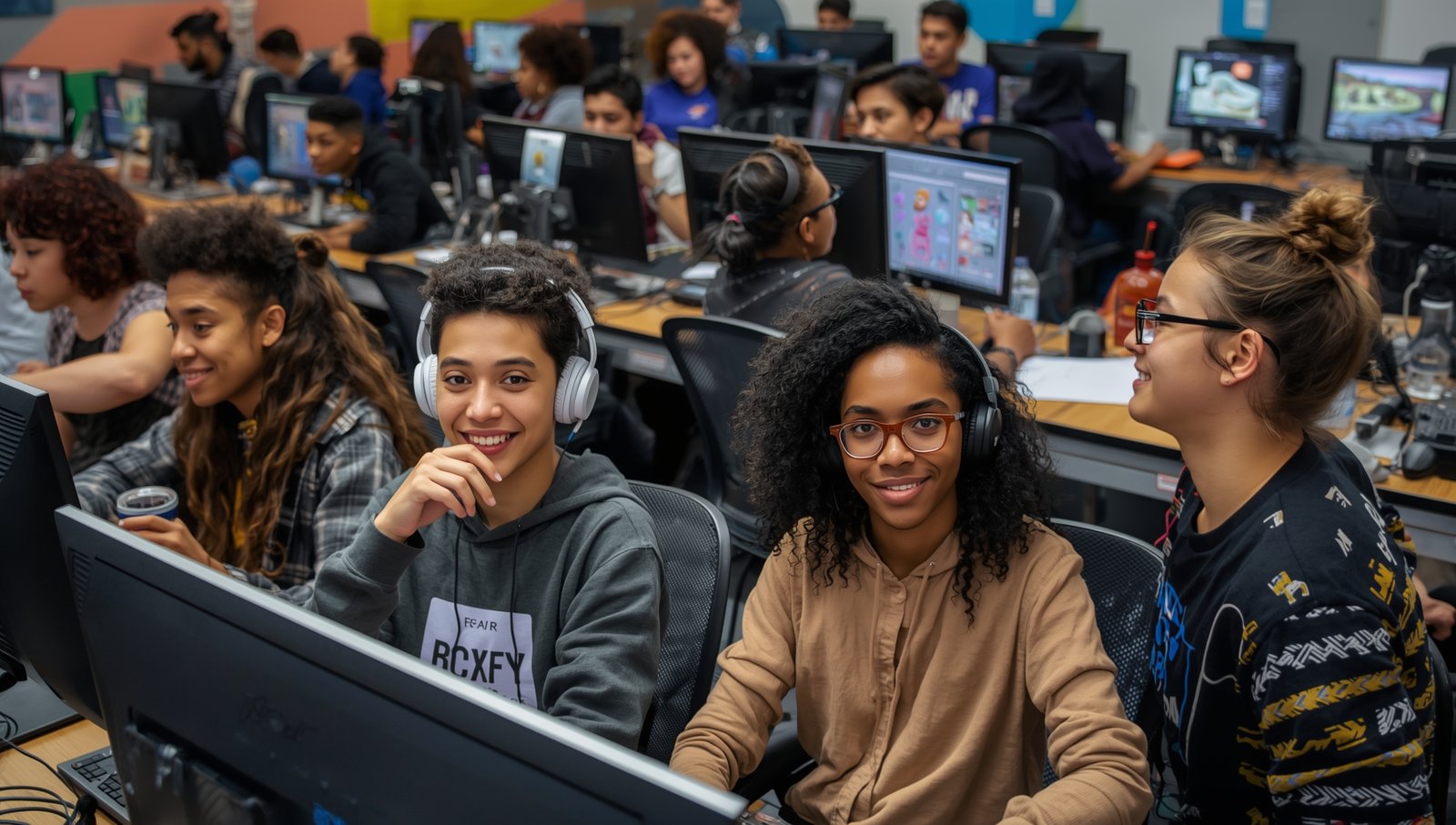 Students in a classroom working on animation. One black student smiling at the camera while another is looking at a screen