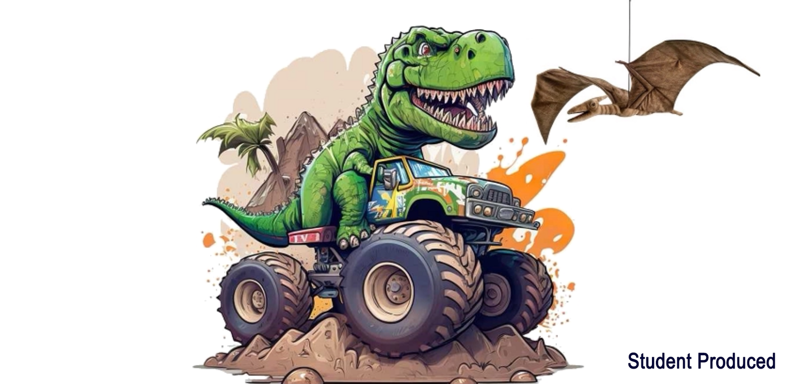 A T-Rex riding a monster truck