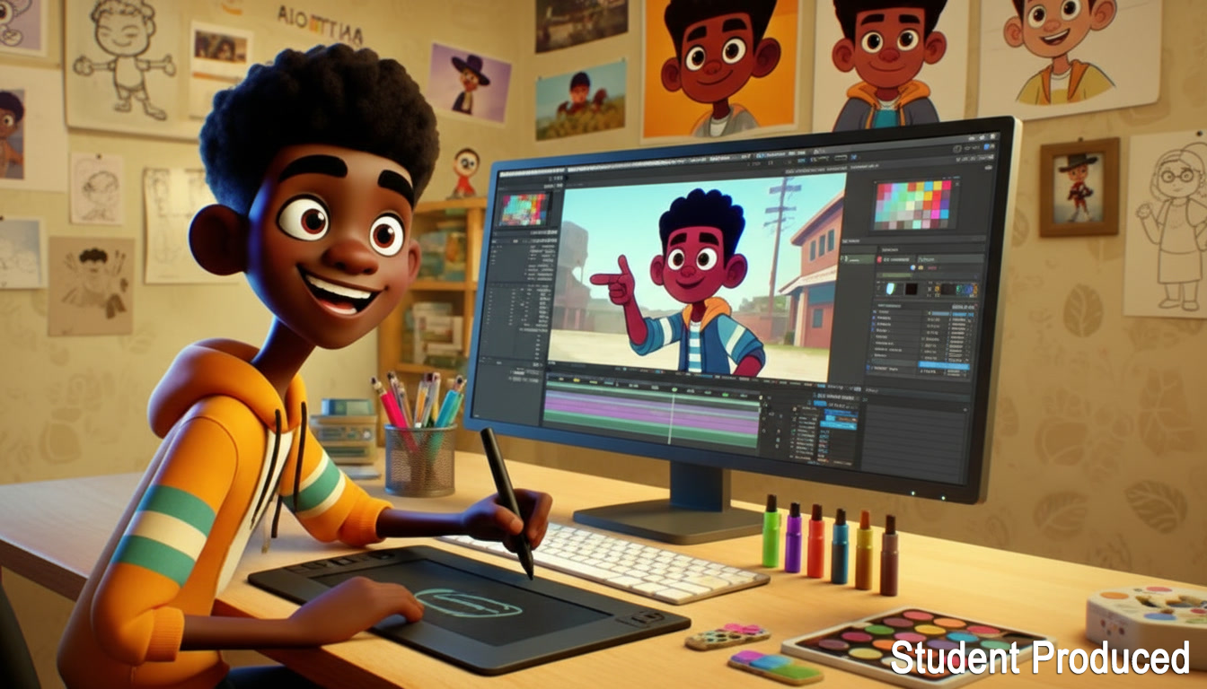 A 3D animated boy drawing a 2D animated character