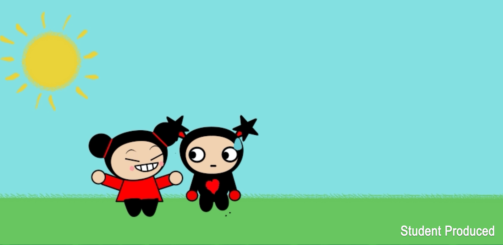 Two animated characters standing outside one cheering while the other stares