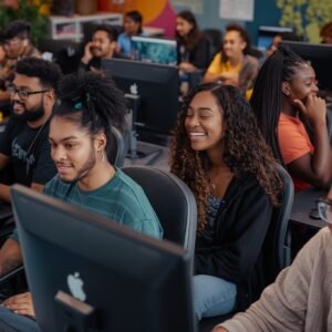 A group of students working on assignments in a classroom setting