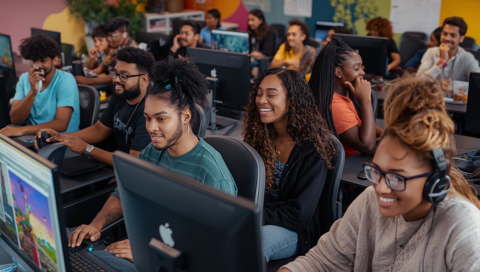 A group of students working on assignments in a classroom setting