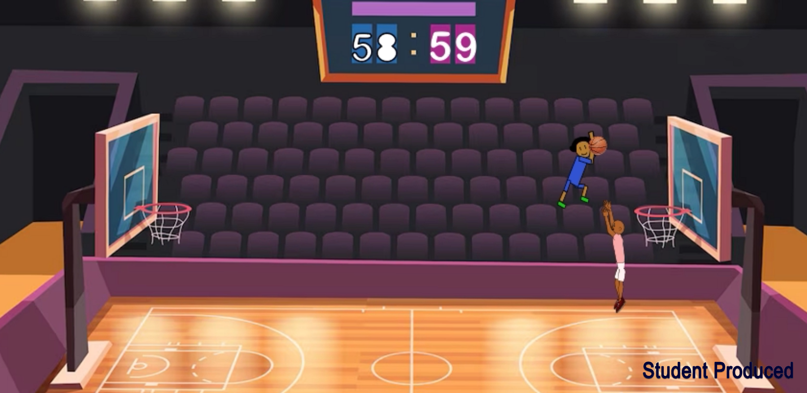 Two animated characters playing basketball. One dunking on the other one